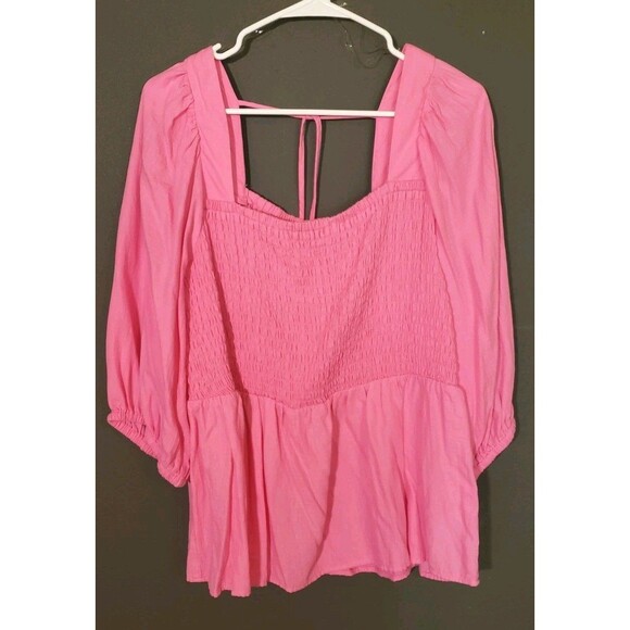 Ava & Viv Plus Size XXL 2X Puff Sleeve Pink Peplum Coquette Girly Cotton Blouse - Picture 3 of 8
